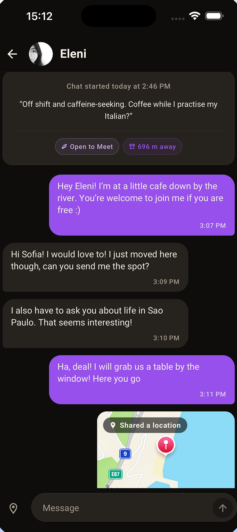 Match chat after mutual acceptance, with location sharing