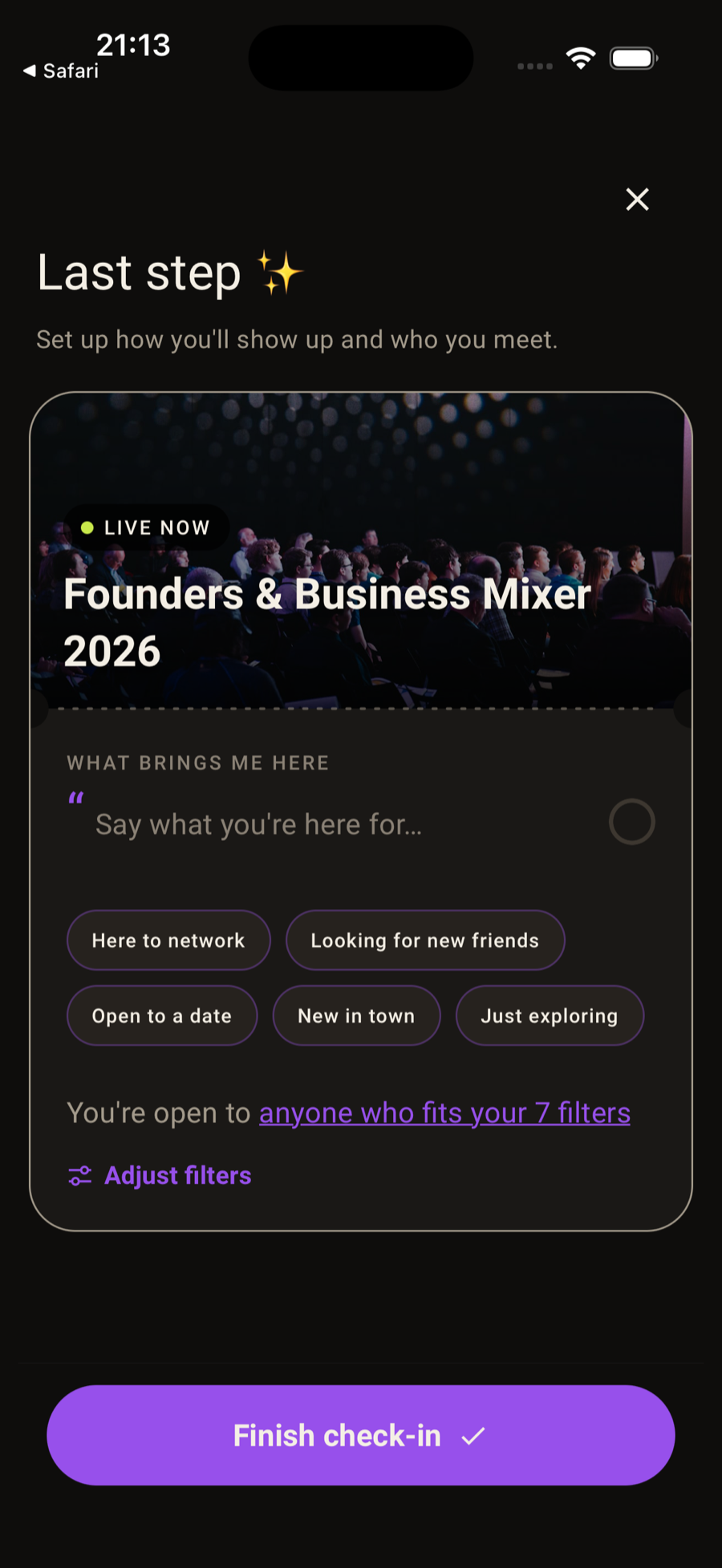 Blizu event check-in — attendees choose what they're here for before matching starts