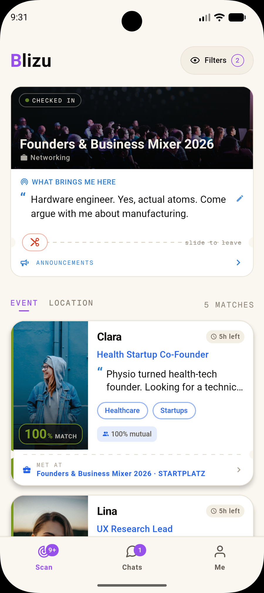 Blizu event view — checked in at Founders & Business Mixer, with the attendees you match